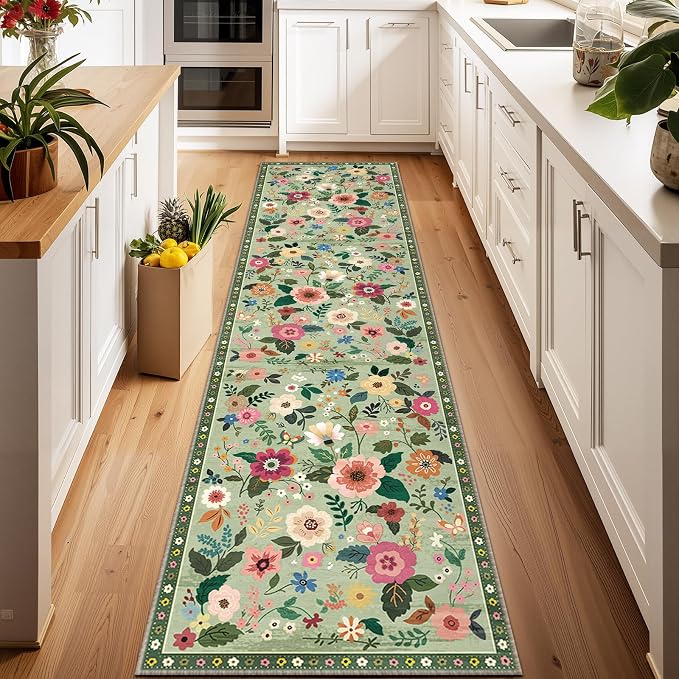 Floral Washable 2x8 Area Rugs Runner Entryway Hallway LightGreen | Flower by RELEANY