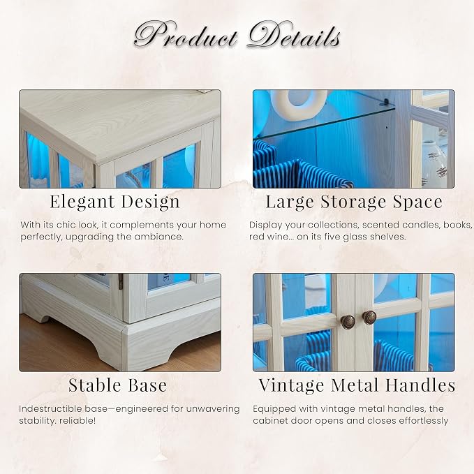 59" W LED Curio Cabinet with 7 Color Lights, Vintage Glass Display Case with - Image 4