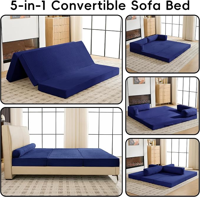 5-in-1 Convertible Sofa Bed, Corduroy Futon Couch Sleeper - Image 3