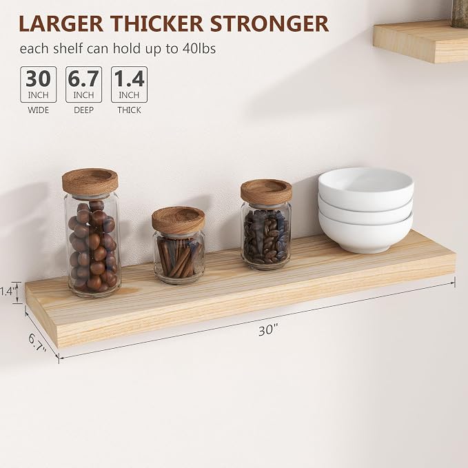 fuqing 30 Inch Floating Shelves | Natural Wood Wall Shelves Set of 2 | 30" W x - Image 3