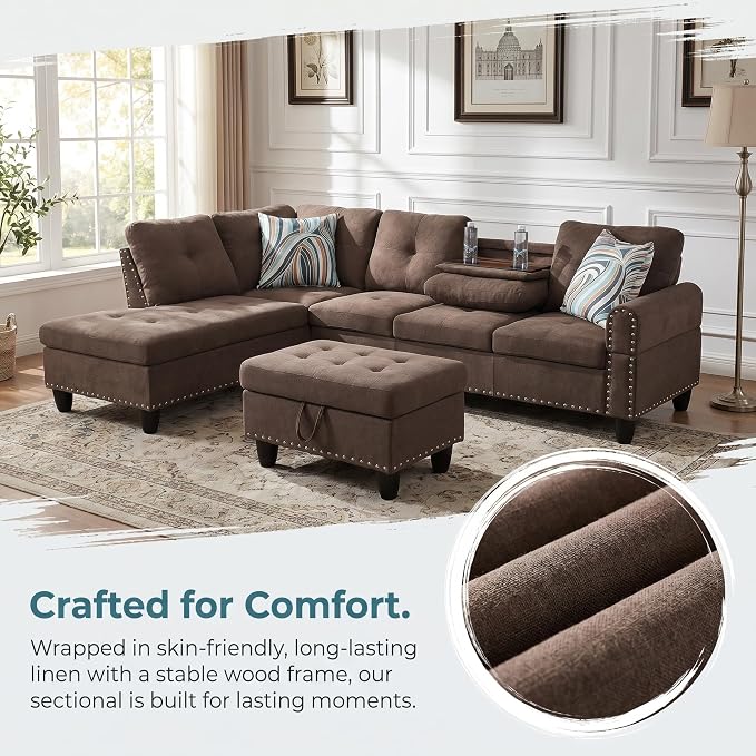 97.5" L Shaped Couch Set Linen, Modular Sectional Couches - Image 5