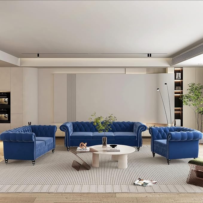 QHITTY 3 Piece Living Room Couch Set, Sectional Chesterfield Sofa Chair - Image 8