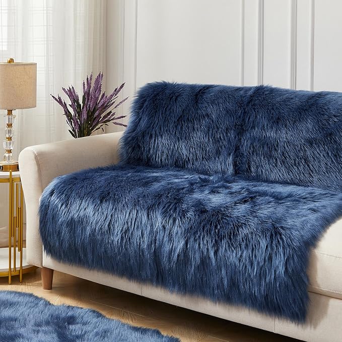 AMTOVO Faux Fur Sheepskin Rug for Living Room, 4 x 6 ft Dark Blue Fluffy Area - Image 4