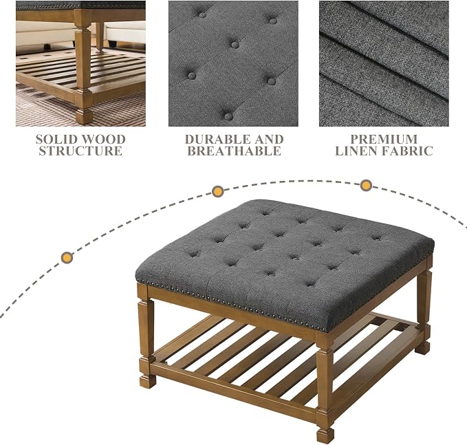 Befurtori Large Square Ottoman Coffee Table, Linen Solid Upholstered Footrest - Image 6