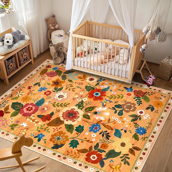 RELEANY Floral Washable 5x7 Area Rugs Yellow/Orange/Red | Flower Carpet Print by RELEANY