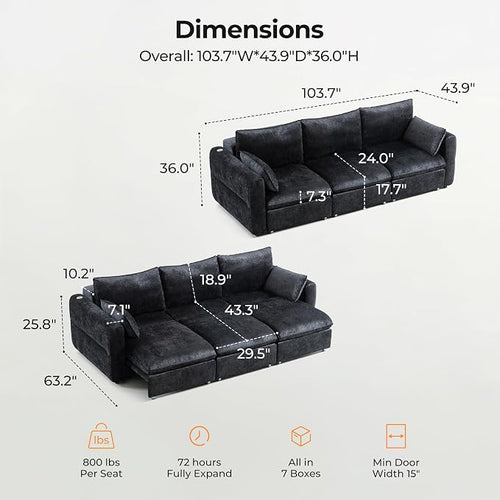 103" Electric Pull Out Sleeper Sofa Bed, 2in1 Convertible Power Extendable - Image 2