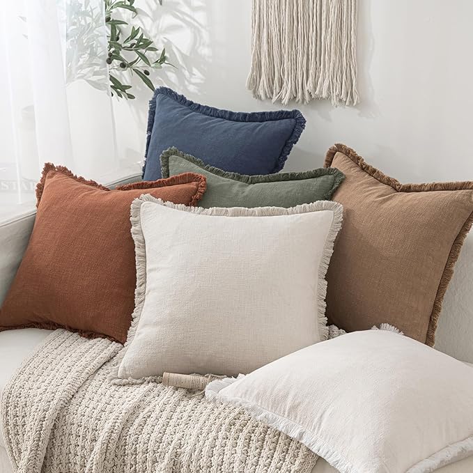 MIULEE Linen Fringe Decorative Throw Pillow Covers Natural Beige 20x20 | Set of - Image 6