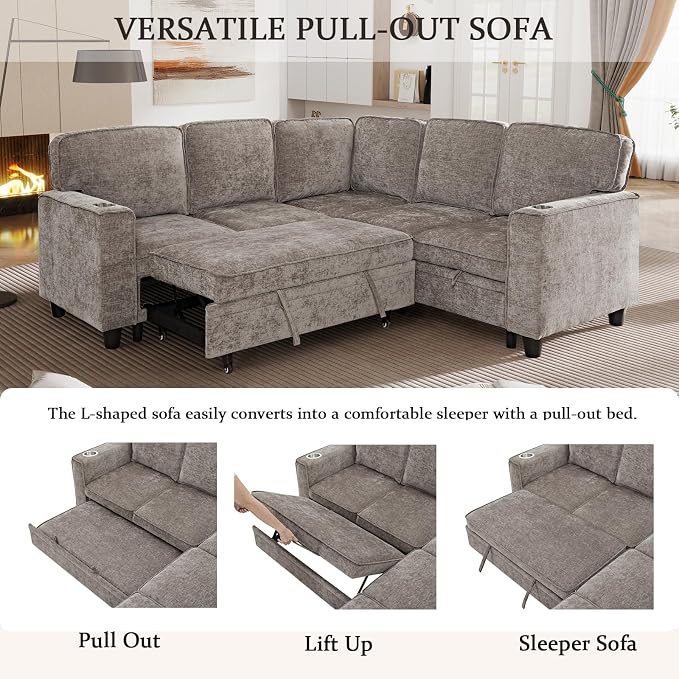 L-Shaped Sectional Couch with Storage and Pull Out Bed, Convertible Sofa Bed - Image 6