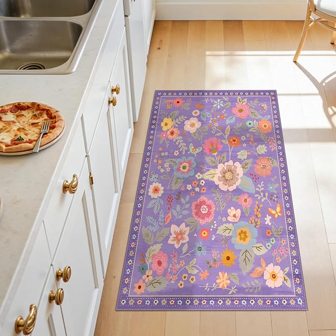 Floral Washable 2x4 Area Rugs Runner Entryway Hallway Purple/Pink | Flower - Image 2