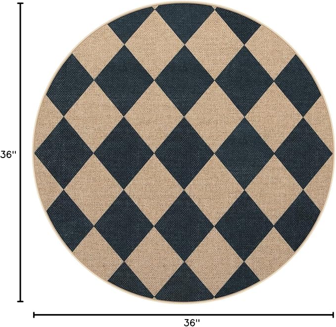 Lahome Checkered Easy Jute Round Rug 3ft, Outdoor Entryway Rug Washable | Black - Image 2