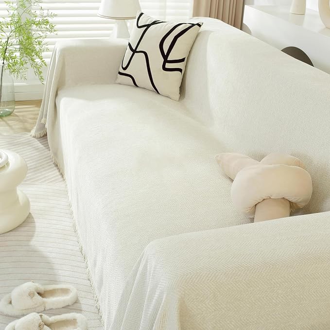 DREAMINGO Modern Minimalism Couch Cover Pets Loveseat Protector Cream White - Image 7