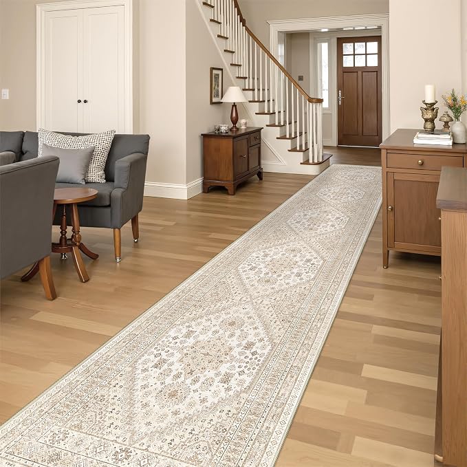 Washable Runner Rug 2.5x16, Non-Slip Long Kitchen Rugs, Cream/Beige | Vintage by Restydon