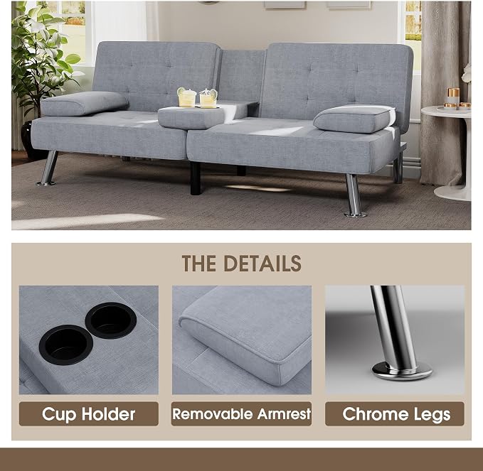 Flamaker Futon Sofa Bed Modern Folding Futon Set Linen Fabric Convertible - Image 5