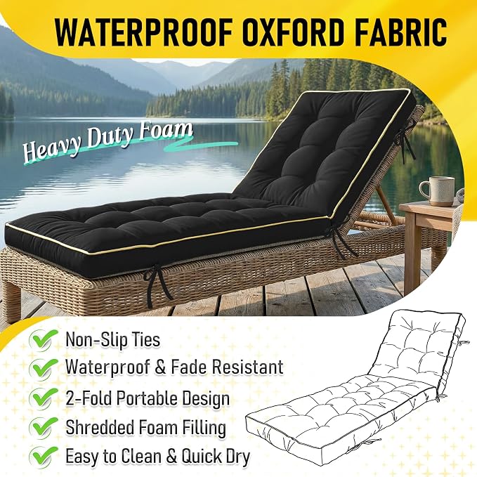 2 Pack 72x21 Inch Folding Chaise Lounge Cushion Quick Dry - Image 3