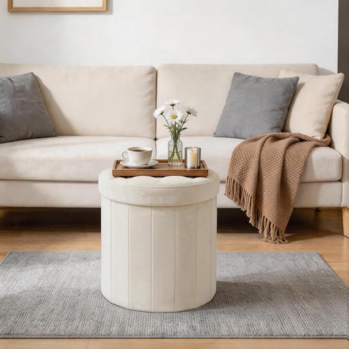 CAROLMADE Round Storage Ottoman, Velvet Folding Footrest Stool - Image 7