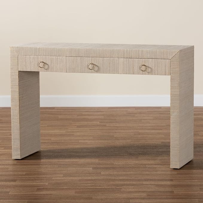 bali & pari Cielo Bohemian Woven Natural Grasscloth 3-Drawer Console Table - Image 11