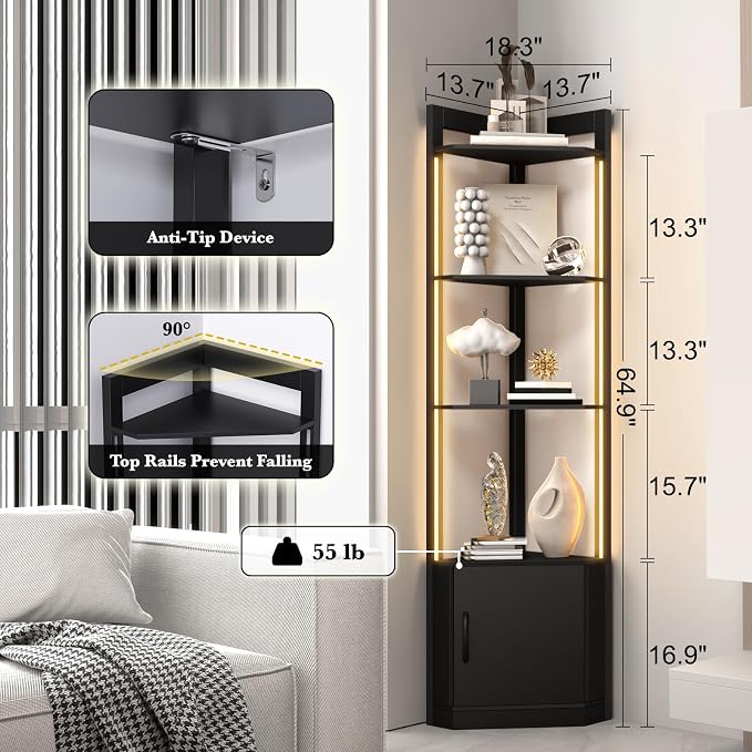 5-Tier Corner Shelf with RGB LED Light, Remote & APP Control, Adjustable - Image 2