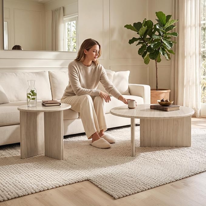 HNY Coffee Table and End Table Set of 2 Modern Round Nesting Coffee Table Faux - Image 5