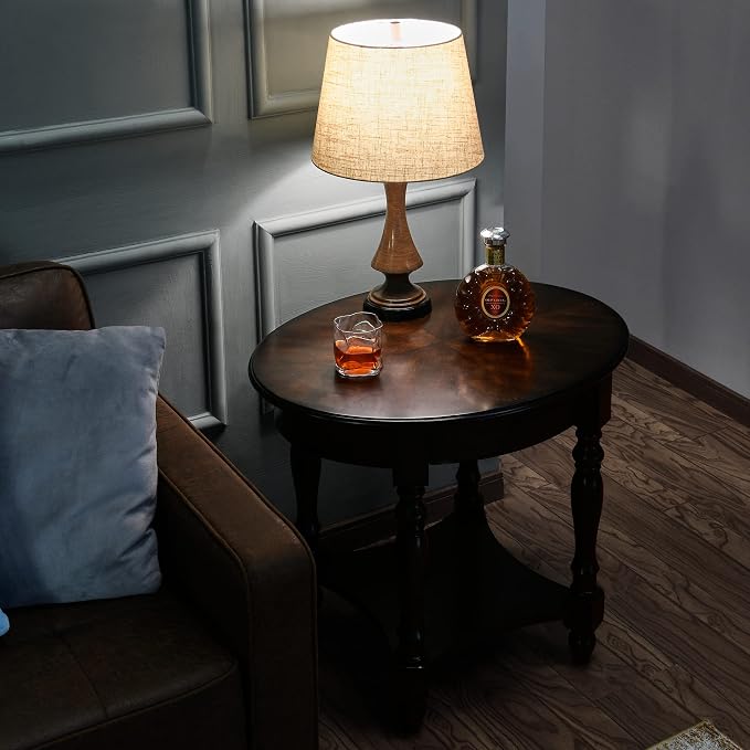Solid Wood Oval End Table with Drawer and Storage Shelf, Vintage Walnut - Image 3