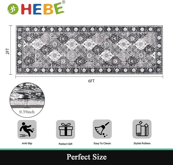 HEBE Hallway Runner Rug 2'x6', Washable Non Slip Kitchen Rug Runner | Soft Boho - Image 2