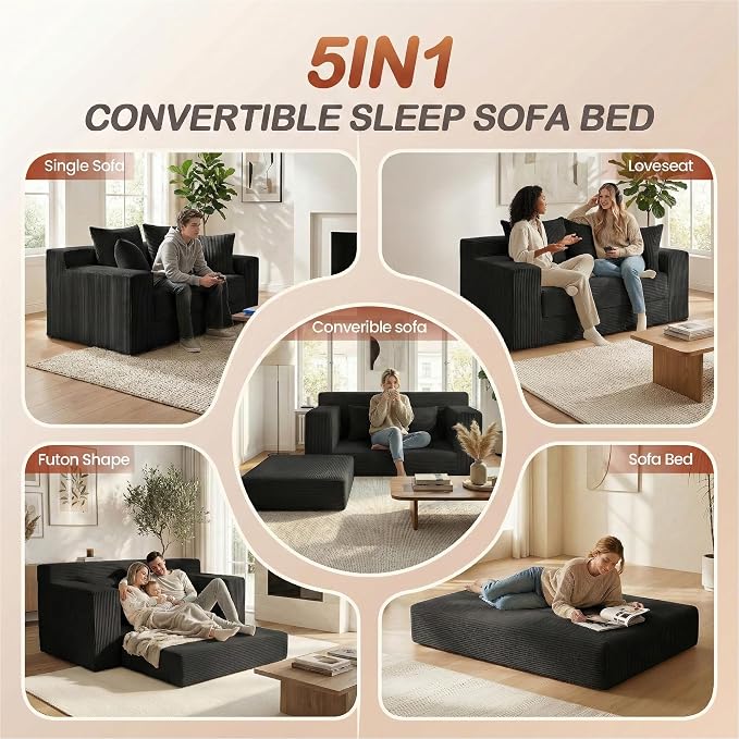 Convertible 5 in 1 Futon Sofa Bed Full Size, Corduroy Boneless Couch Sleeper - Image 3