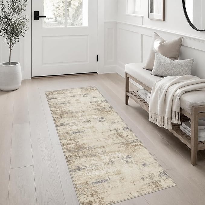 2x5 Washable Runner Rug：Modern Abstract Soft Carpet Beige Brown | - Image 3
