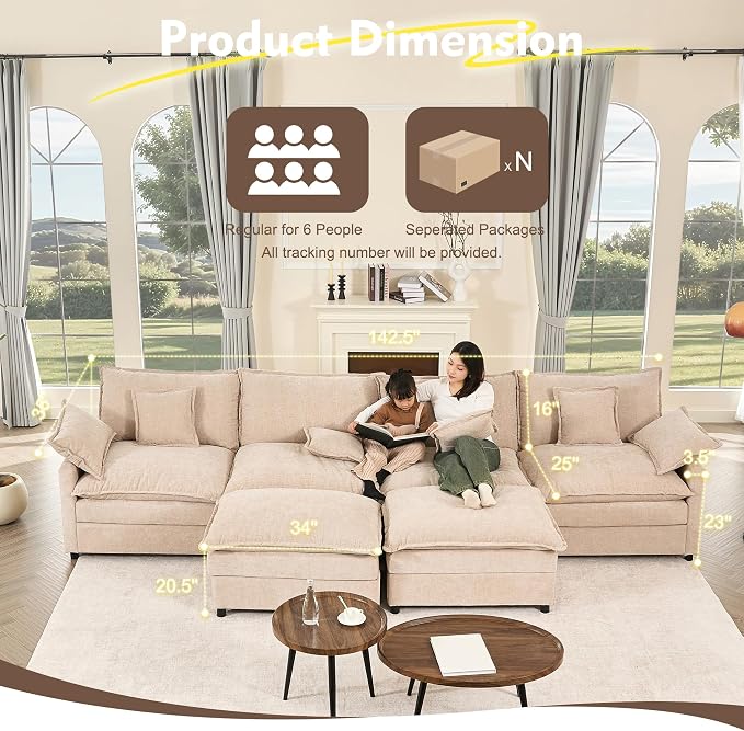 GOSUHI 142.5" U Shaped Couch, Modular Sectional Sofa, 3-Seater Comfy Cloud Couch - Image 2