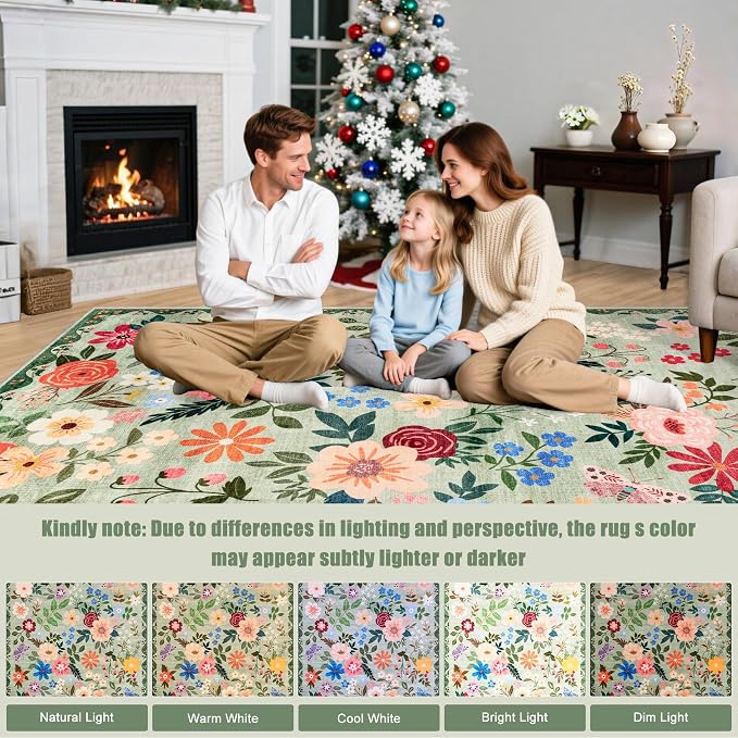 PLHXFR 2.6x14 Washable Runner Rug：Floral Indoor Kitchen Soft Carpet Green | - Image 9