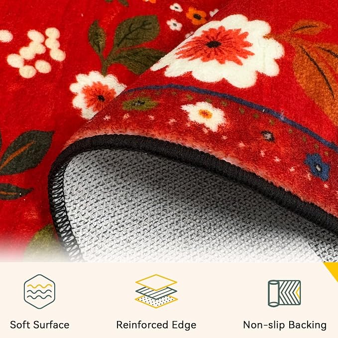 Floral Washable 6x9 Area Rugs Red/Orange | Flower Carpet Print Boho Cute Non - Image 4