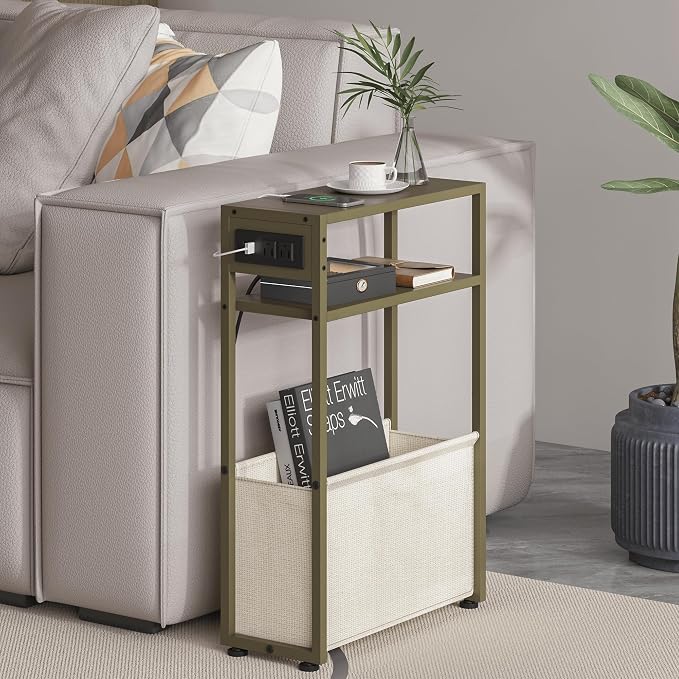 Leomonio Green Side Table with Charging Station, Slim End Tables with Linen by Leomonio