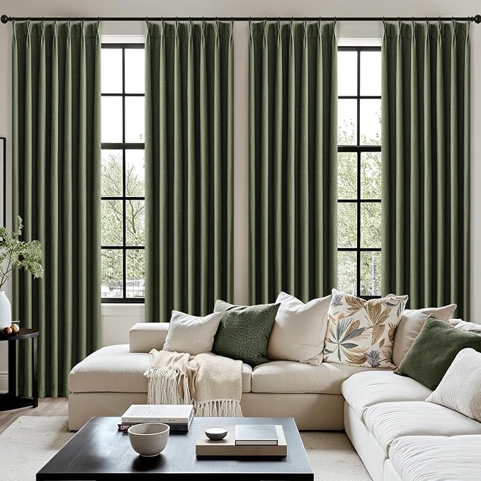 MIULEE Olive Green Pinch Pleated 100% Blackout Linen Curtains 40x84 Inches | - Image 7