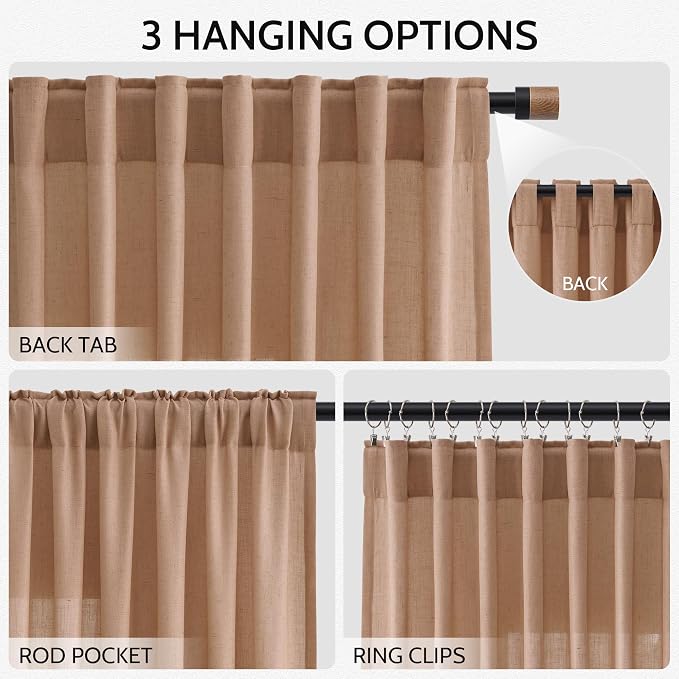 Peach Linen Curtains 102 Inches Long Rod Pocket Back Tab Drapes 2 Panels Set - Image 2