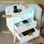 JOONEE White Nightstand with Charging Station and LED Lights, Modern Bedside - Image 6