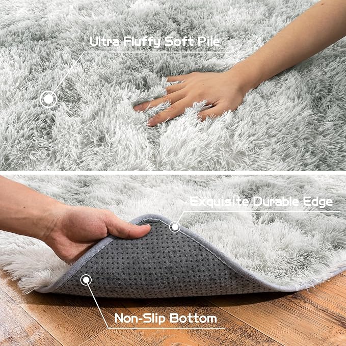 Fluffy Area Rug for Bedroom 4x6, Indoor Plush Carpet, Tie Dye Grey | Shag Soft - Image 6