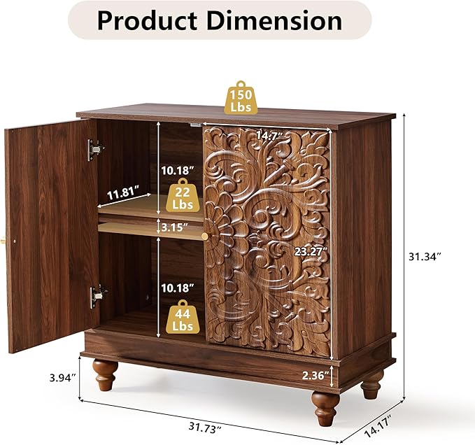 weselon Accent Cabinet Set of 2, Farmhouse Carved Storage Sideboard Buffet - Image 2