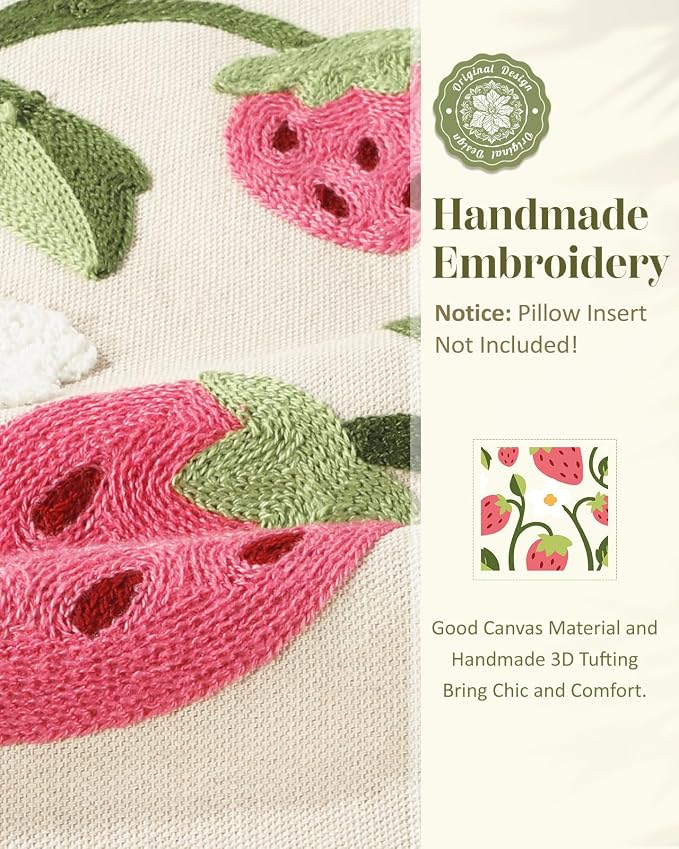 Embroidered Throw Pillow Cover 18x18 Inch, Branch Strawberry | Decorative - Image 2
