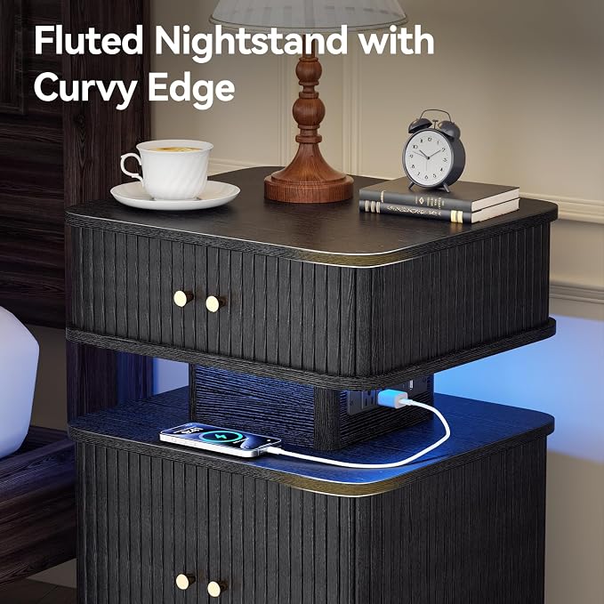 LED Nightstand Set of 2, Fluted Night Stand - Image 8