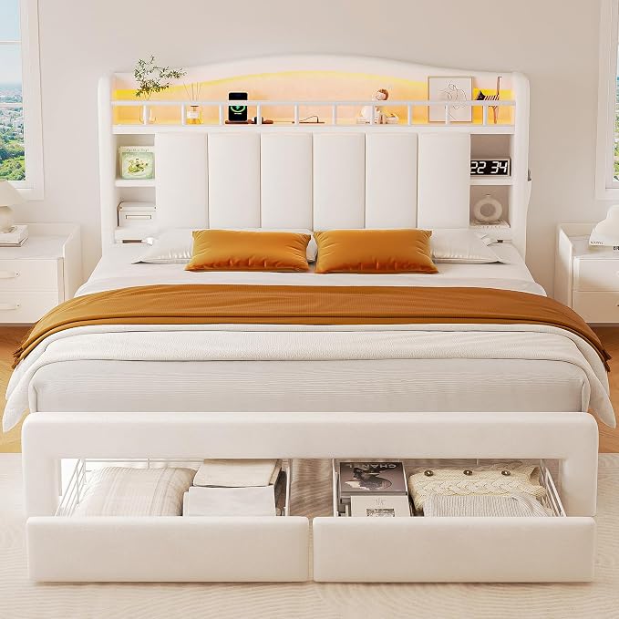 Queen Size Bed Frame with LED Storage Headboard & 2 Storage Drawers, Velvet - Image 3