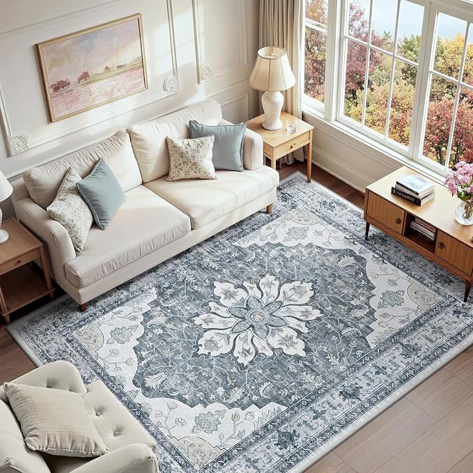 RELEANY Washable Area Rug, Water Repellent, Pet Friendly, Vintage Floral Boho by RELEANY