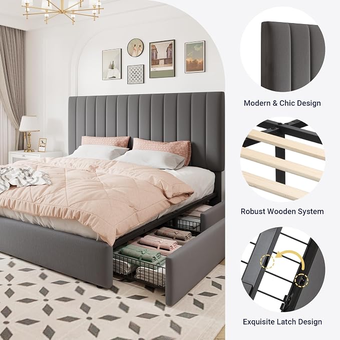 Allewie King Size Storage Bed Frame, Vertical Channel Tufted Adjustable - Image 6