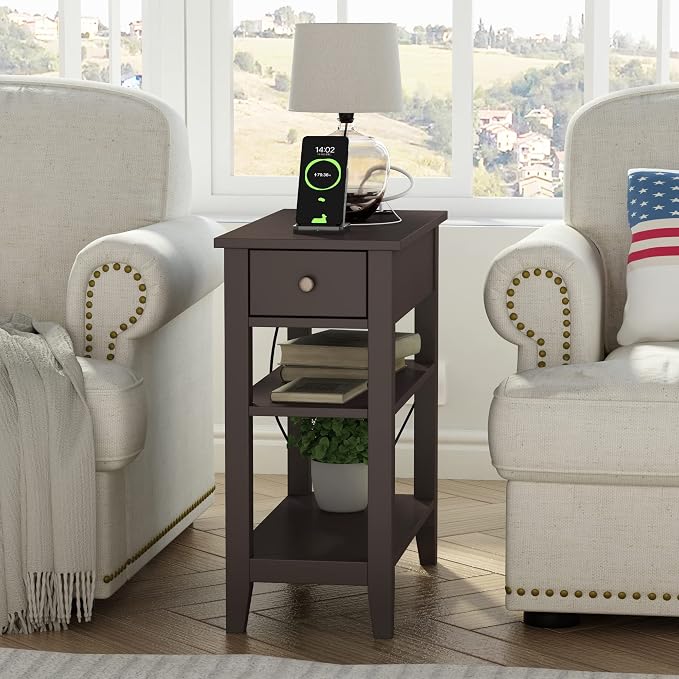 ChooChoo Narrow End Table with Charging Station, Side Table Living Room with - Image 3