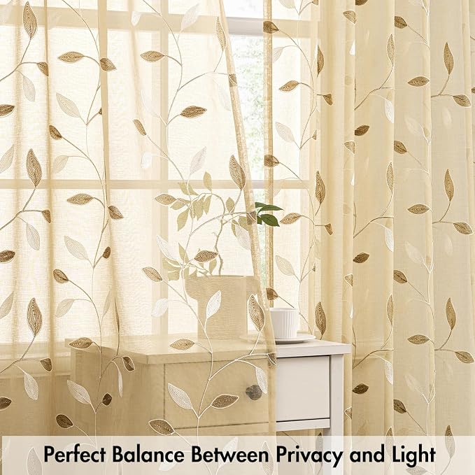 MIULEE Beige Sheer Curtains 2 Panels Embroidered Leaf Patterned, W52 x L96 | - Image 5