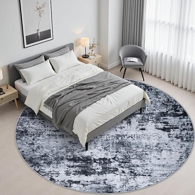 Round Area Rug Living Room: 4 ft Modern Washable Carpet Black | - Image 5