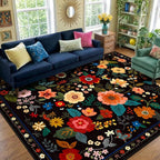 RELEANY Floral Washable 7x9 Area Rugs Black | Flower Carpet Print Boho Cute Non by RELEANY