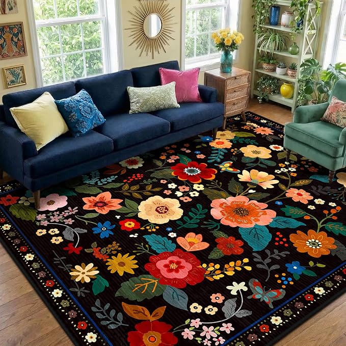 RELEANY Floral Washable 8x10 Area Rugs Black | Flower Carpet Print Boho Cute by RELEANY