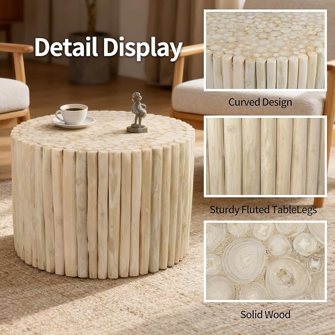 DUHOME Boho Round Coffee Table, Hand-Assembled from Solid Wood Sticks, Organic - Image 4