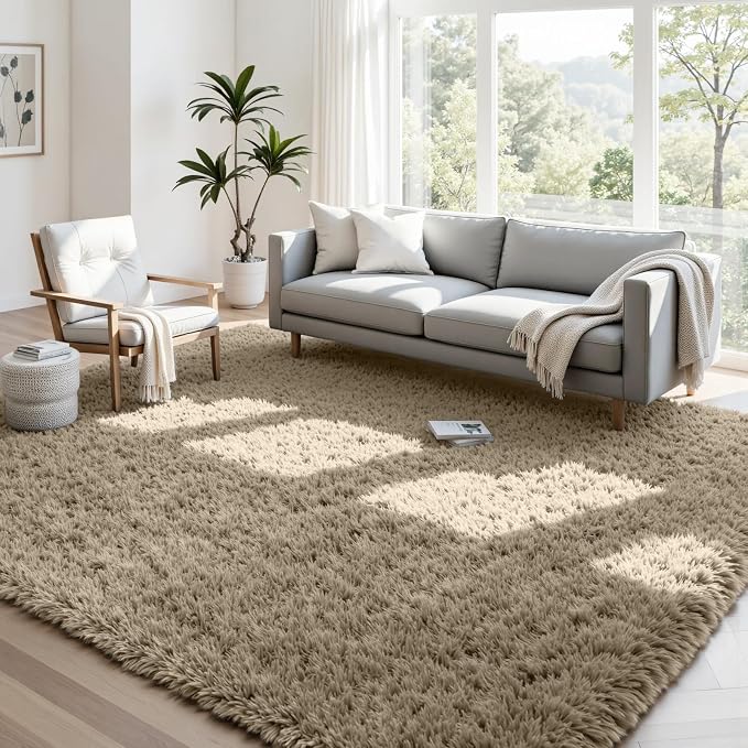 4x6 Fluffy Shag Area Rugs for Living Room Bedroom: Soft Carpet Gray Camel | by CarpetAddColortoYourLife