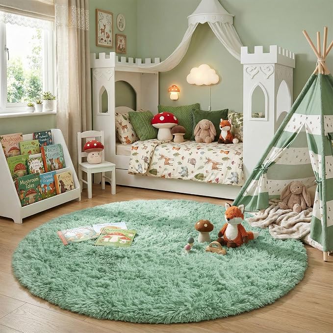 Amdrebio Sage Green Fuzzy Round Kids Rug 4Ft - Image 7
