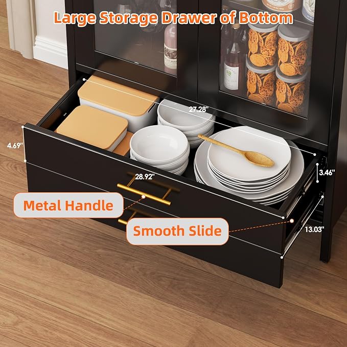 73" Tall Display Cabinet with Glass Doors and 2 Drawers, Metal Arched Cabinet - Image 3
