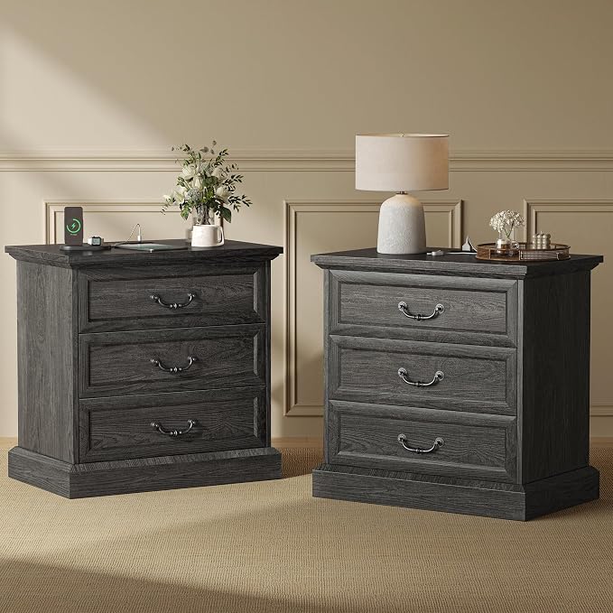 Huuger Nightstand with Charging Station, 3 Drawer Night Stand Set of 2 by Huuger